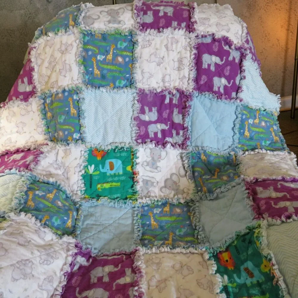 Flannel Rag Quilt With Batting 43 x 43,  Elephants, Zebras, and Jungle Animals